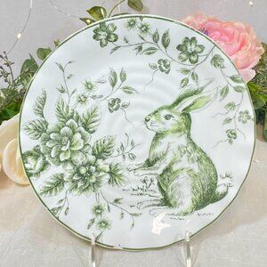 Maxcera Toile Green White Bunny Rabbit 9 1/4" Luncheon Salad Plates  Set  of 4